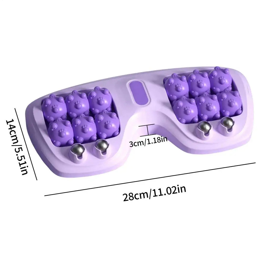 Purple foot massage roller with textured nodes and steel balls, showing dimensions