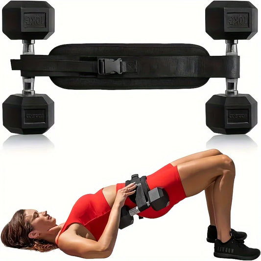 Woman in red workout clothes doing hip thrust exercise with dumbbells and padded belt