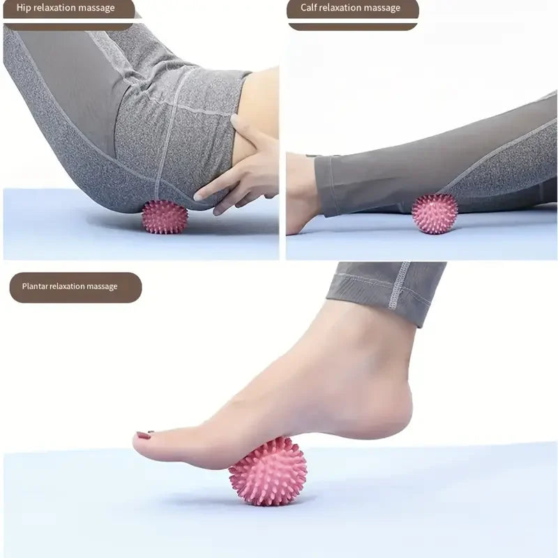 Person using pink spiky massage ball for hip, calf, and foot muscle relaxation exercises.