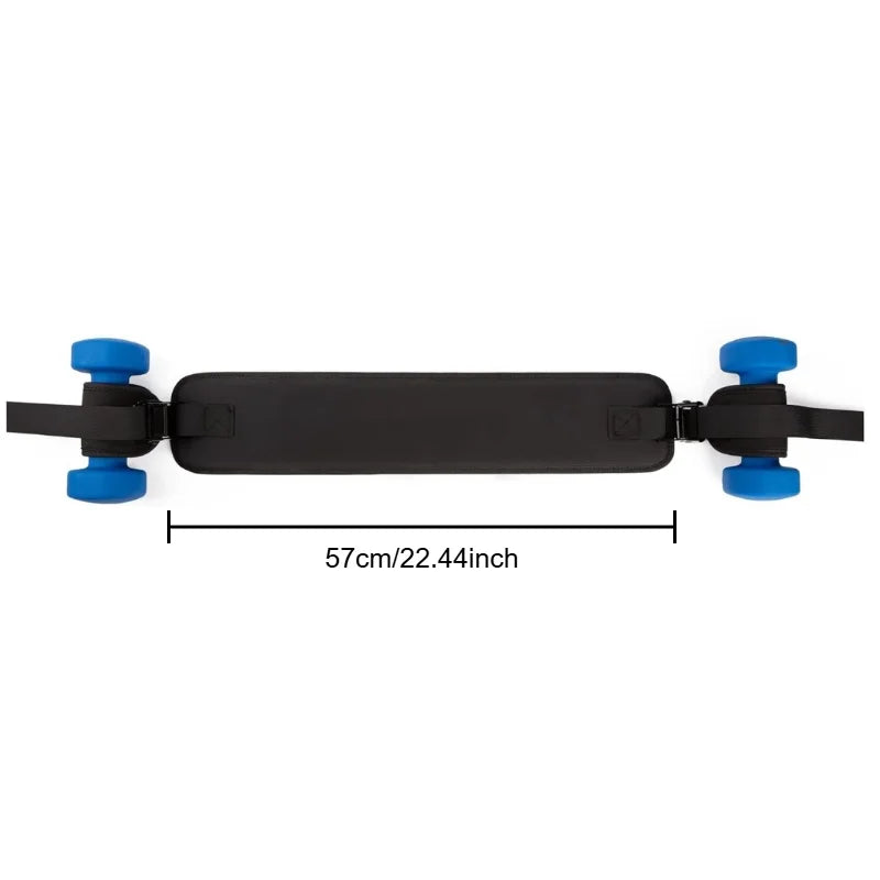 Black fitness equipment carrying strap with blue wheels, 57cm long, top view on white background