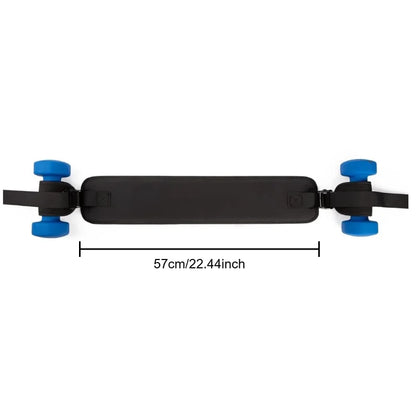 Black fitness equipment carrying strap with blue wheels, 57cm long, top view on white background