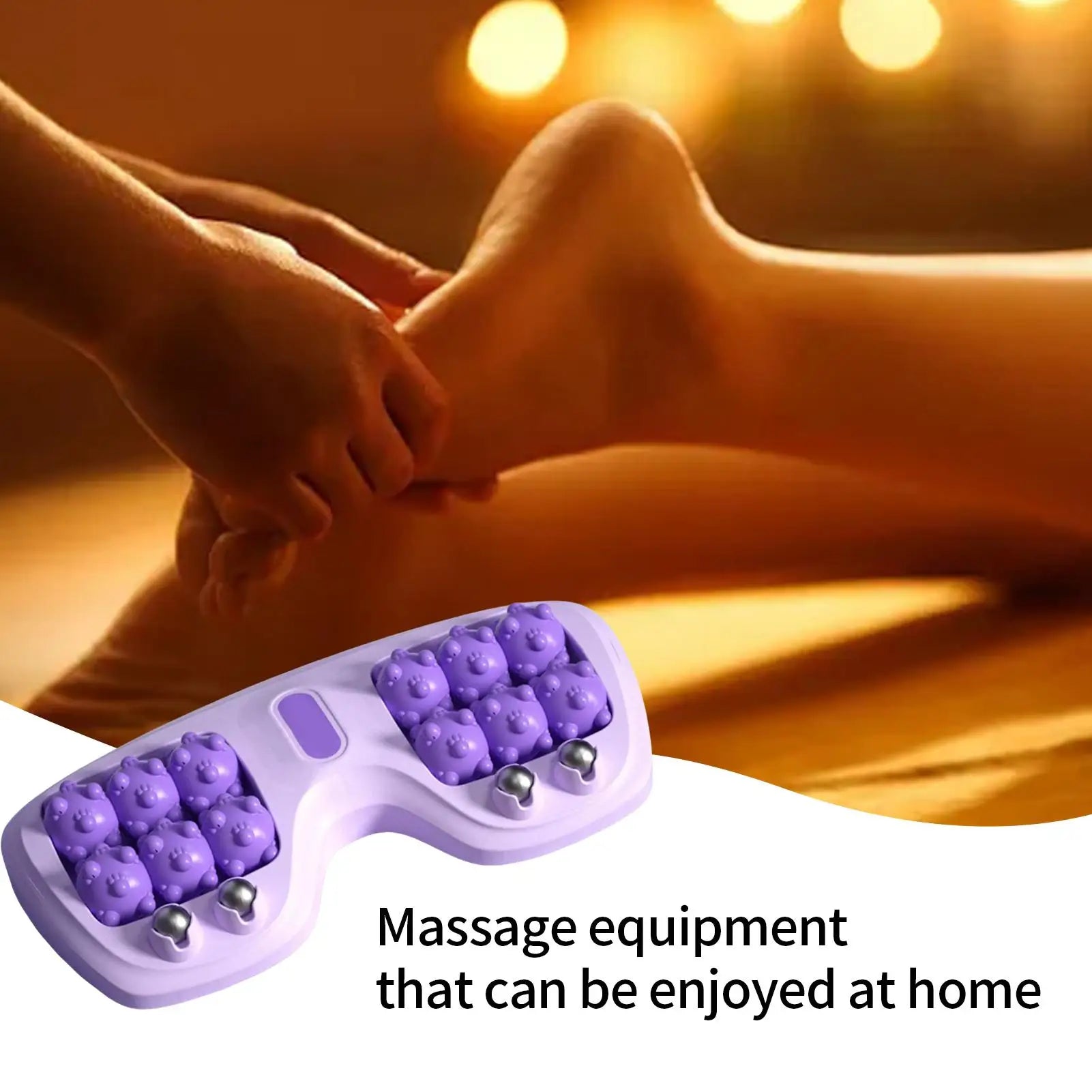 Foot massage scene with purple foot massager and relaxing spa background