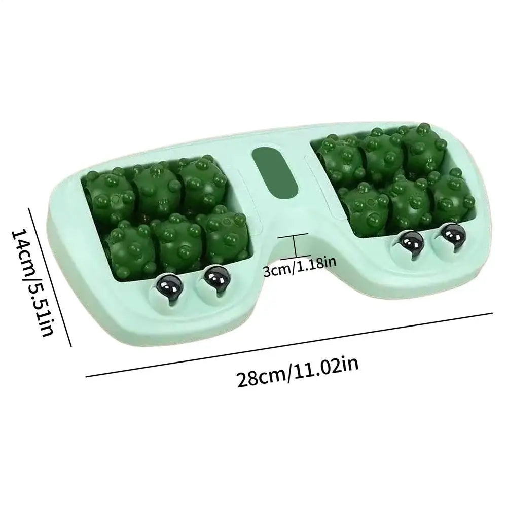 Foot massage roller with textured green knobs, ergonomic design, labeled dimensions