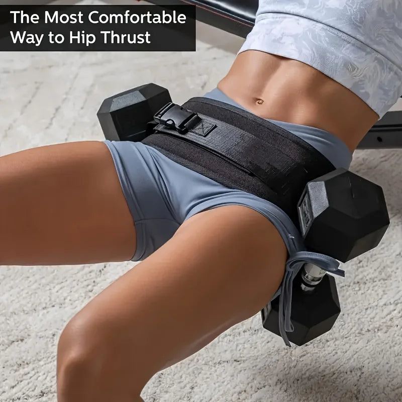 Woman using hip thrust belt with dumbbells for glute workout on home gym bench