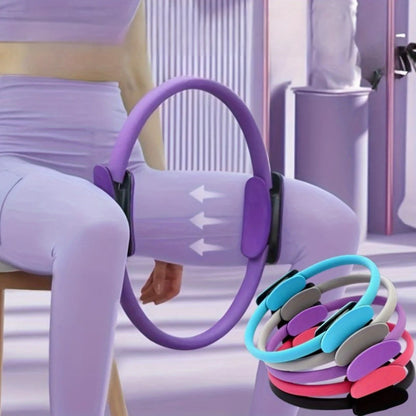 Woman using Pilates ring thigh toner for inner thigh workout, fitness rings stacked nearby