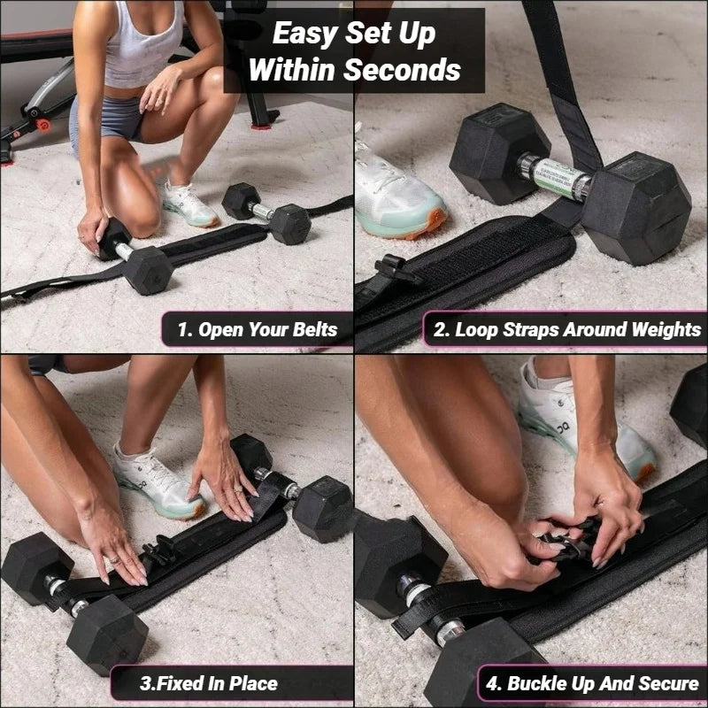 Step-by-step setup of fitness belts with dumbbells for home strength training on carpeted floor.