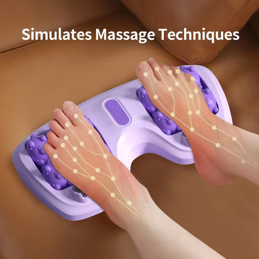 Foot massage roller stimulator under feet, illustrating reflexology points, on sofa