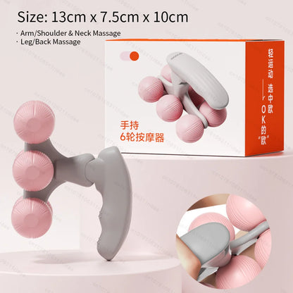 Handheld 6-wheel massage roller in gray and pink for arm, shoulder, neck, leg, and back relaxation