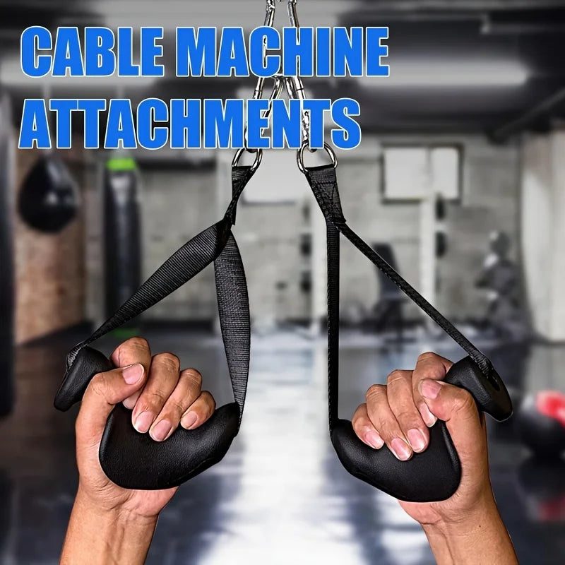 Hands gripping ergonomic cable machine attachments in a gym setting for strength training