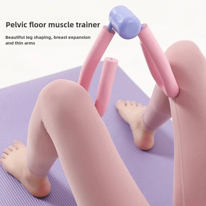 Pelvic floor muscle trainer exercise, pink and purple fitness equipment on yoga mat.