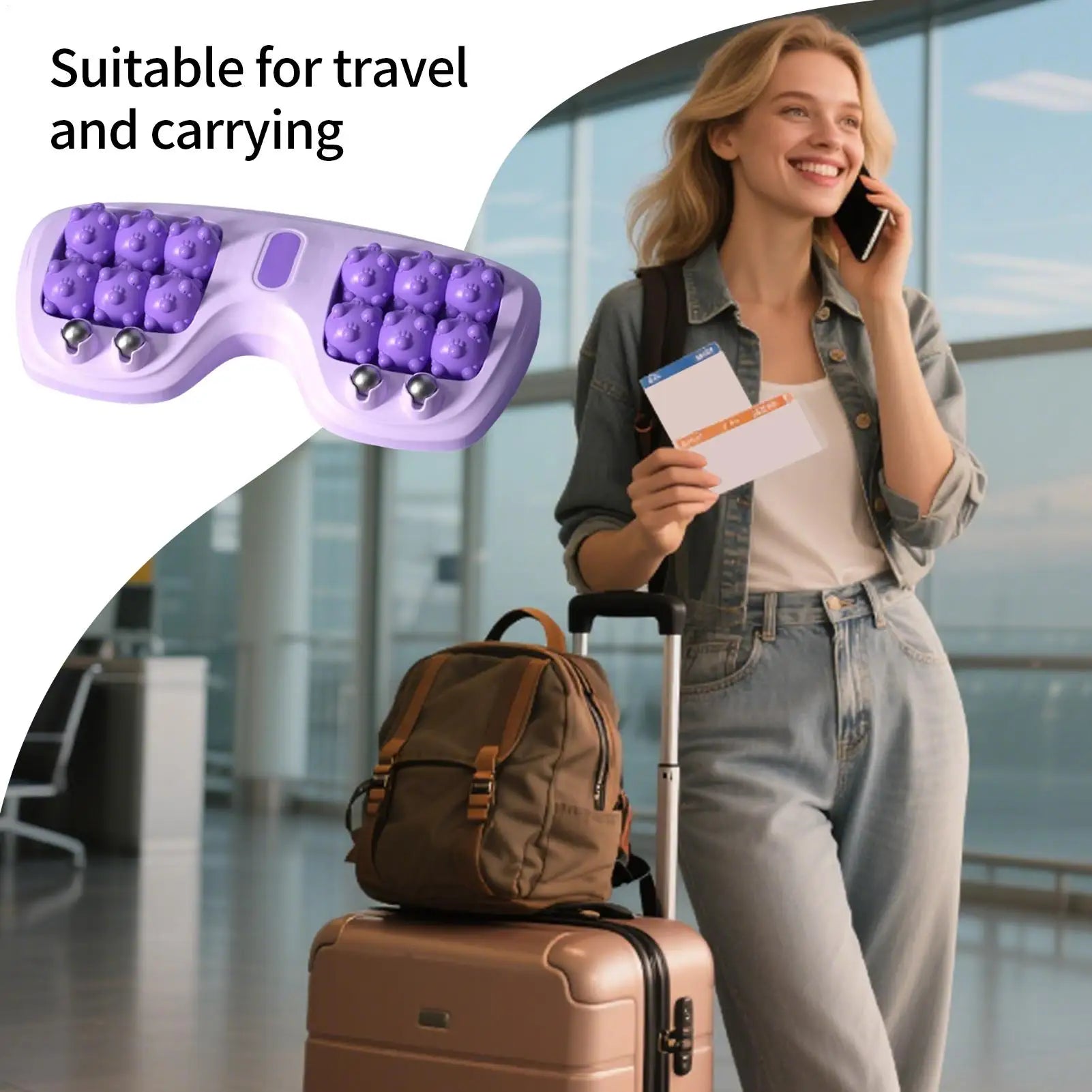 Woman at airport with suitcase, travel massage roller highlighted for portable fitness.