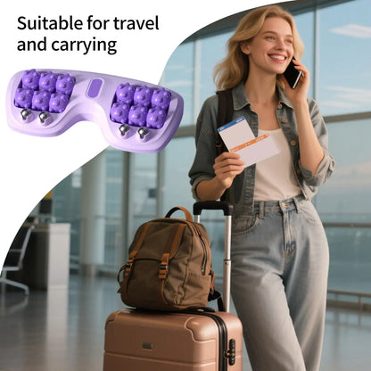 Woman at airport with suitcase, travel massage roller highlighted for portable fitness.