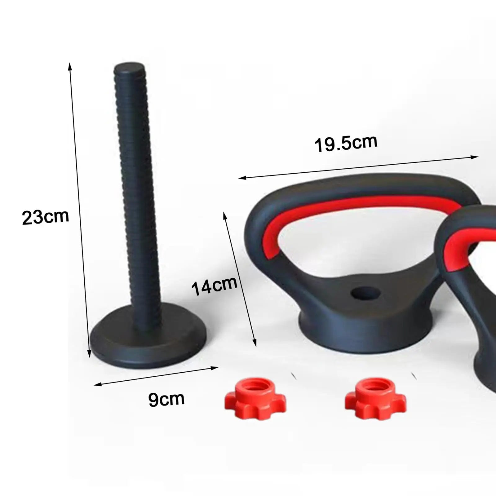 Adjustable kettlebell handle set with measurements, black and red fitness equipment parts