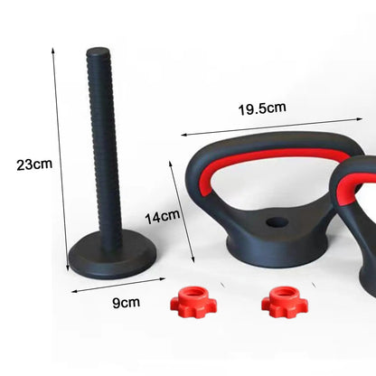 Adjustable kettlebell handle set with measurements, black and red fitness equipment parts