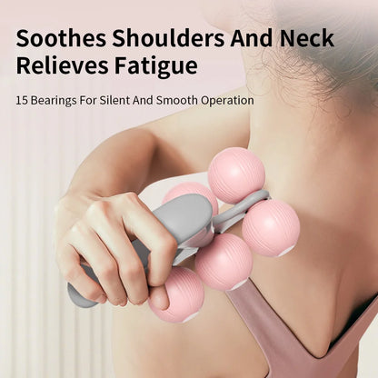 Woman using pink shoulder and neck massager roller for muscle relief and relaxation