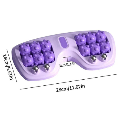 Purple foot massage roller with textured nodes and steel balls, showing dimensions