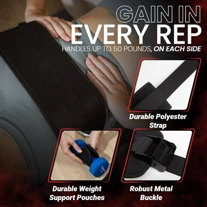 Adjustable weighted fitness belt with polyester strap, metal buckle, and weight pouches