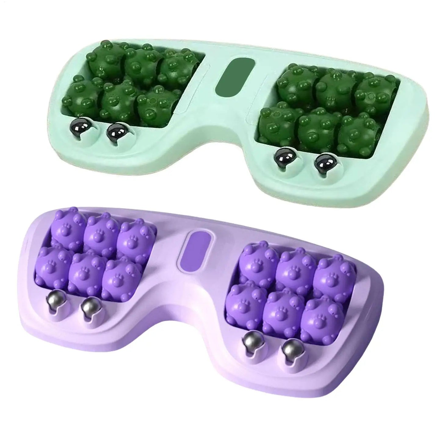 Two acupressure massage eye masks with textured nodules in green and purple