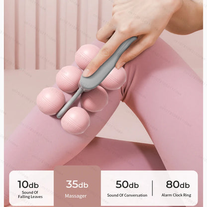 Hand using pink roller massage stick on leg, quiet fitness recovery tool for muscle relief