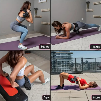 Woman doing squats, planks, dips, and hip thrusts with fitness weights indoors and outdoors