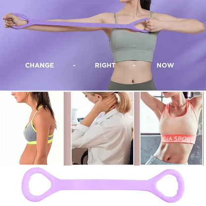 Woman stretching lavender resistance band, fitness exercise, posture correction, neck pain relief