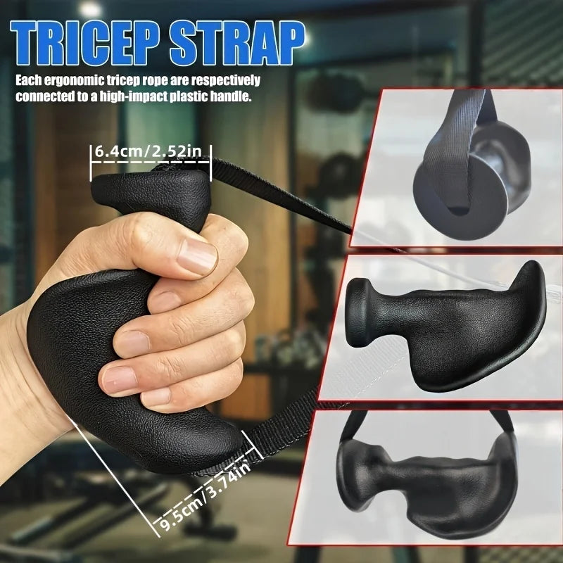 Ergonomic tricep strap with non-slip handle for strength training in a gym setting.
