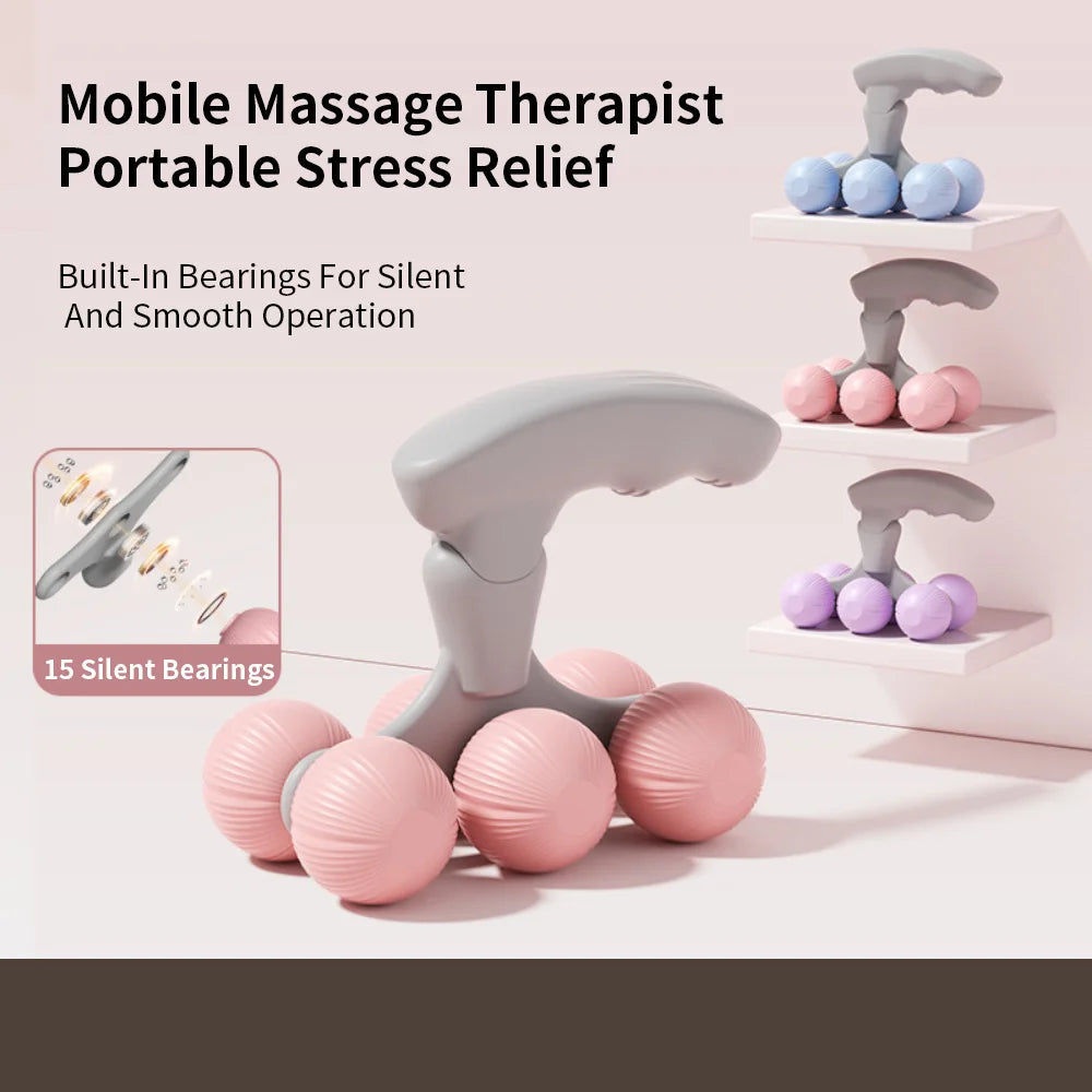 Handheld massage roller tool with four textured balls, ergonomic handle, and silent bearings for muscle relaxation.