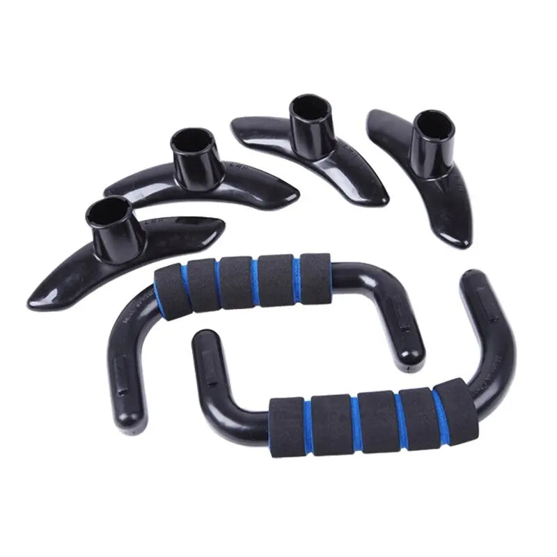 Black push-up bars with blue foam grips and detachable base parts for home fitness workout