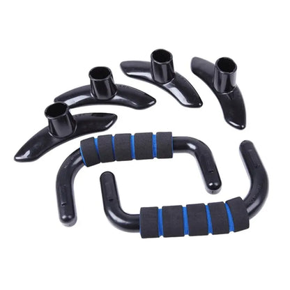 Black push-up bars with blue foam grips and detachable base parts for home fitness workout