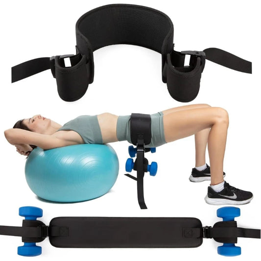 Hip thrust belt for glute bridge exercise, woman using it with fitness ball and dumbbells