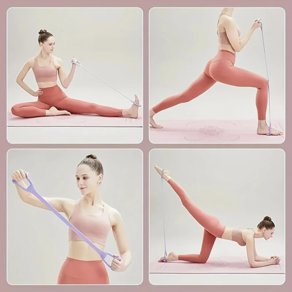Woman demonstrating fitness exercises with resistance band on yoga mat, showing flexibility and strength training.