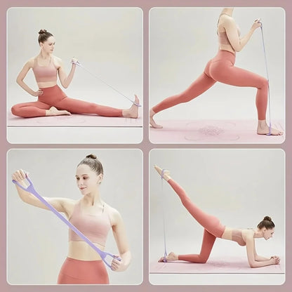 Woman demonstrating fitness exercises with resistance band on yoga mat, showing flexibility and strength training.