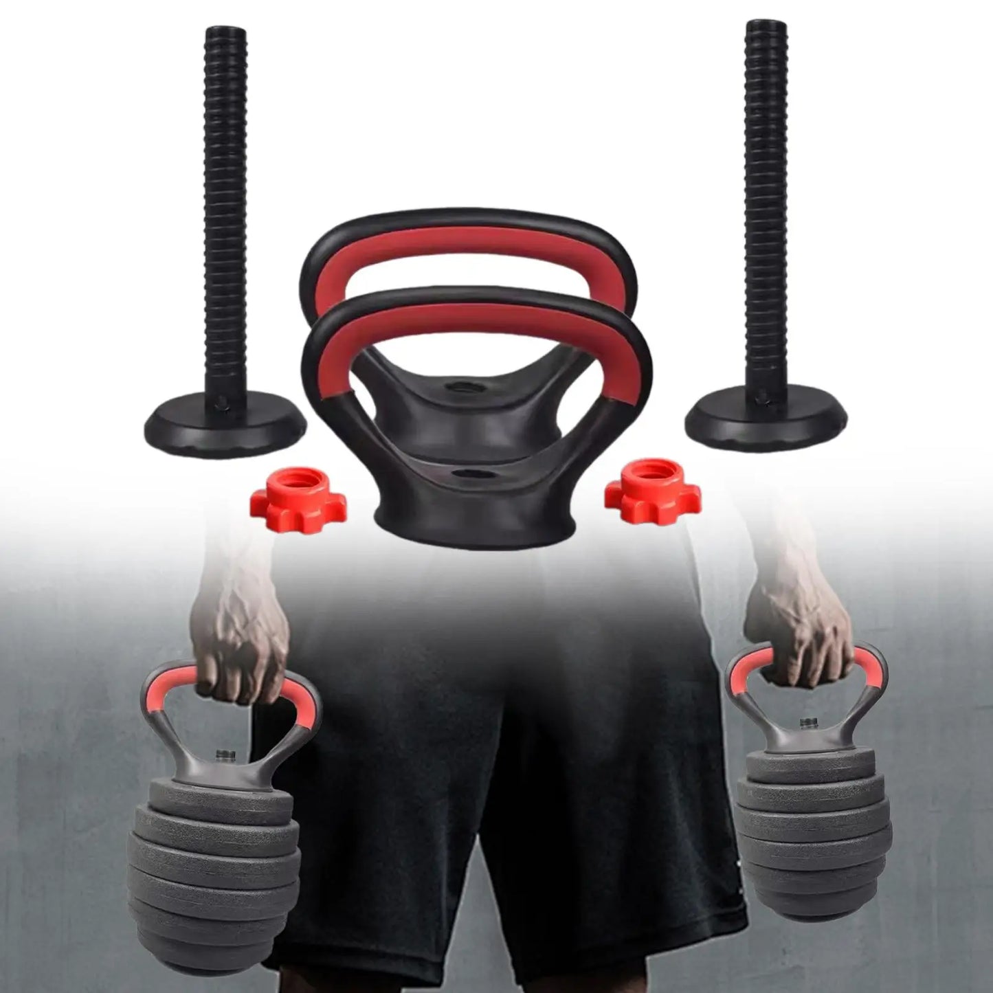 Adjustable kettlebell handles with red accents and fitness components for strength training