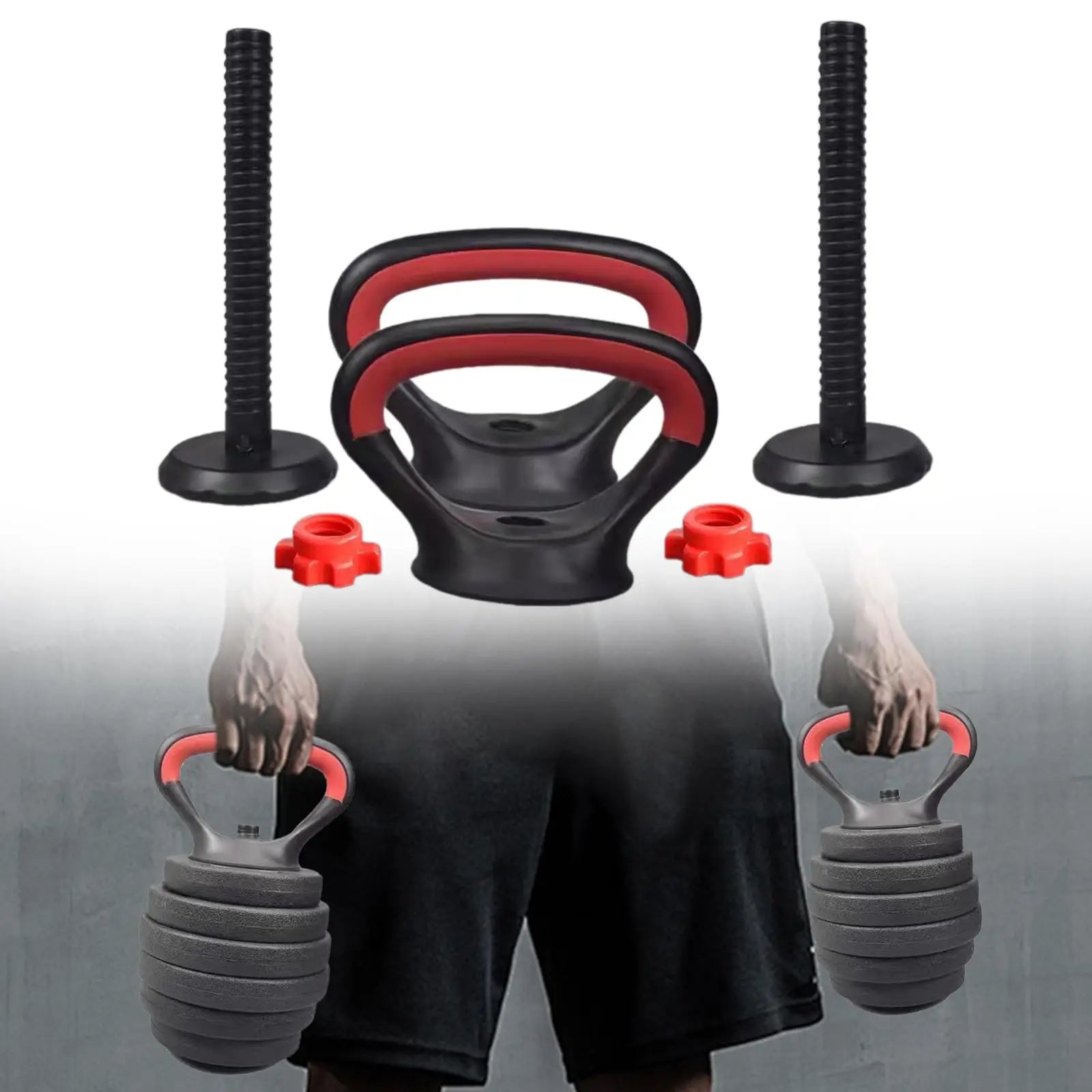 Adjustable kettlebell handles with red accents and fitness components for strength training