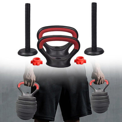 Adjustable kettlebell handles with red accents and fitness components for strength training
