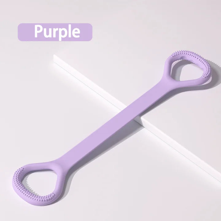 Purple silicone back scrubber with textured handles on a white surface, fitness accessory.