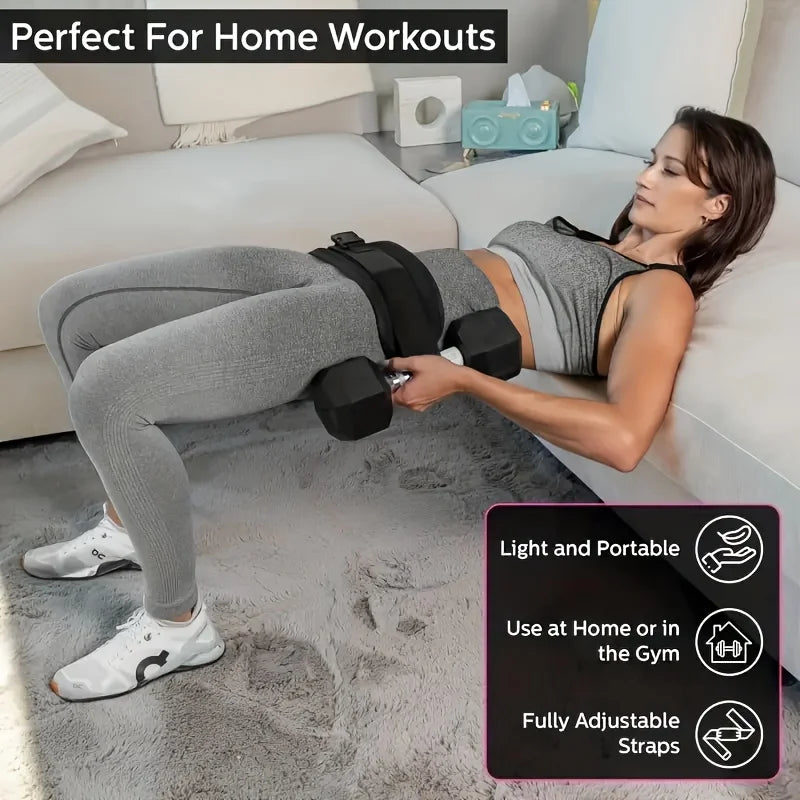 Woman doing hip thrust exercise with dumbbells and adjustable belt on a living room floor.