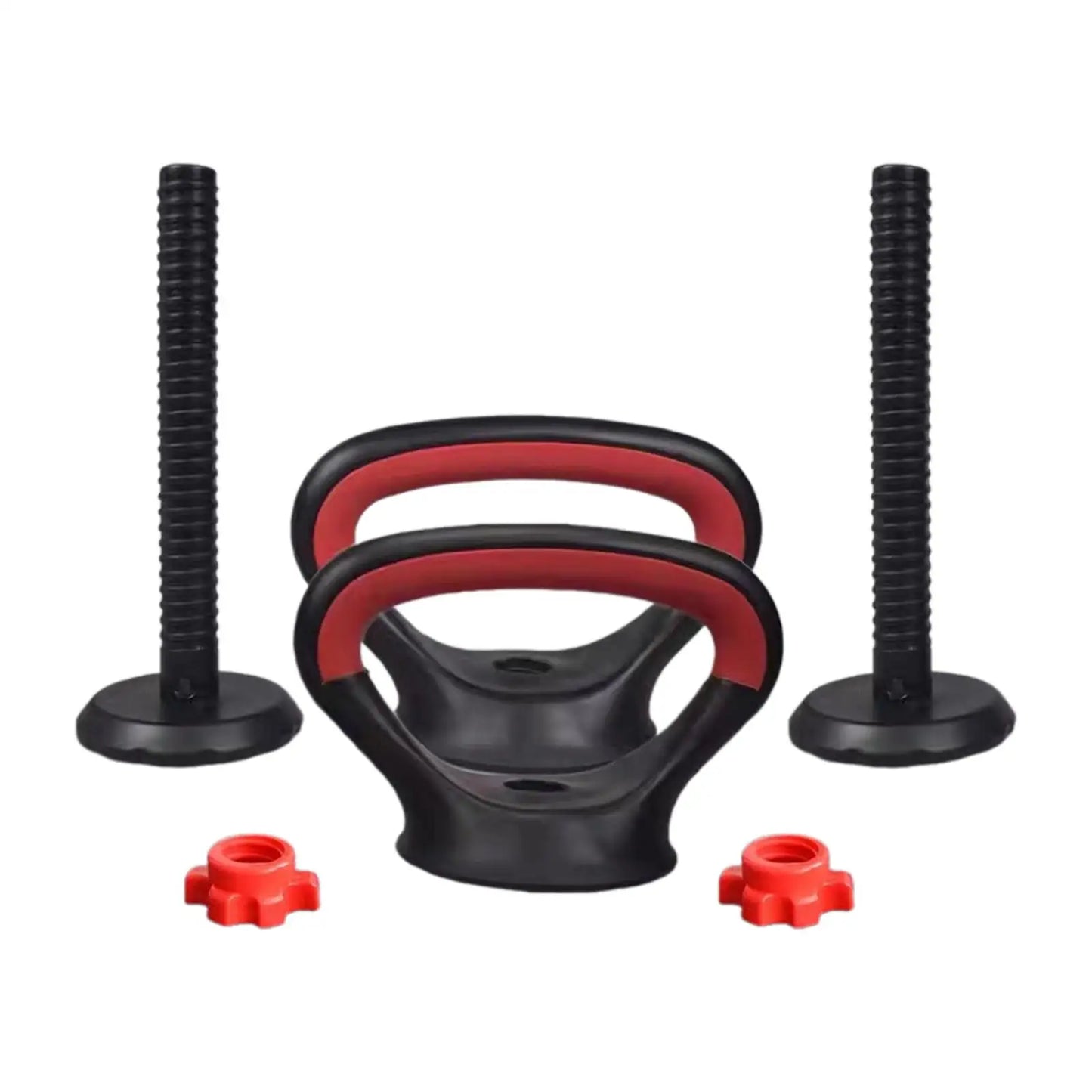 Adjustable black and red kettlebell handles with threaded rods and locking collars for fitness training