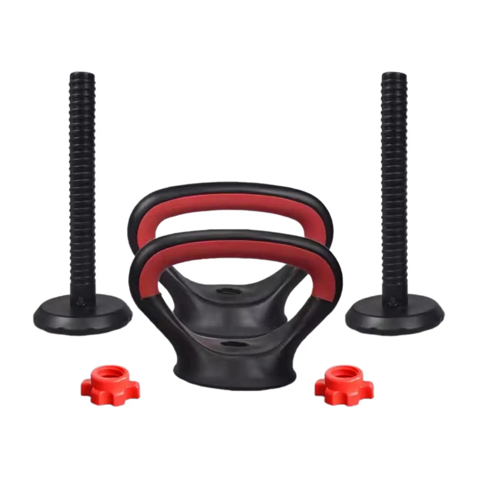 Adjustable black and red kettlebell handles with threaded rods and locking collars for fitness training