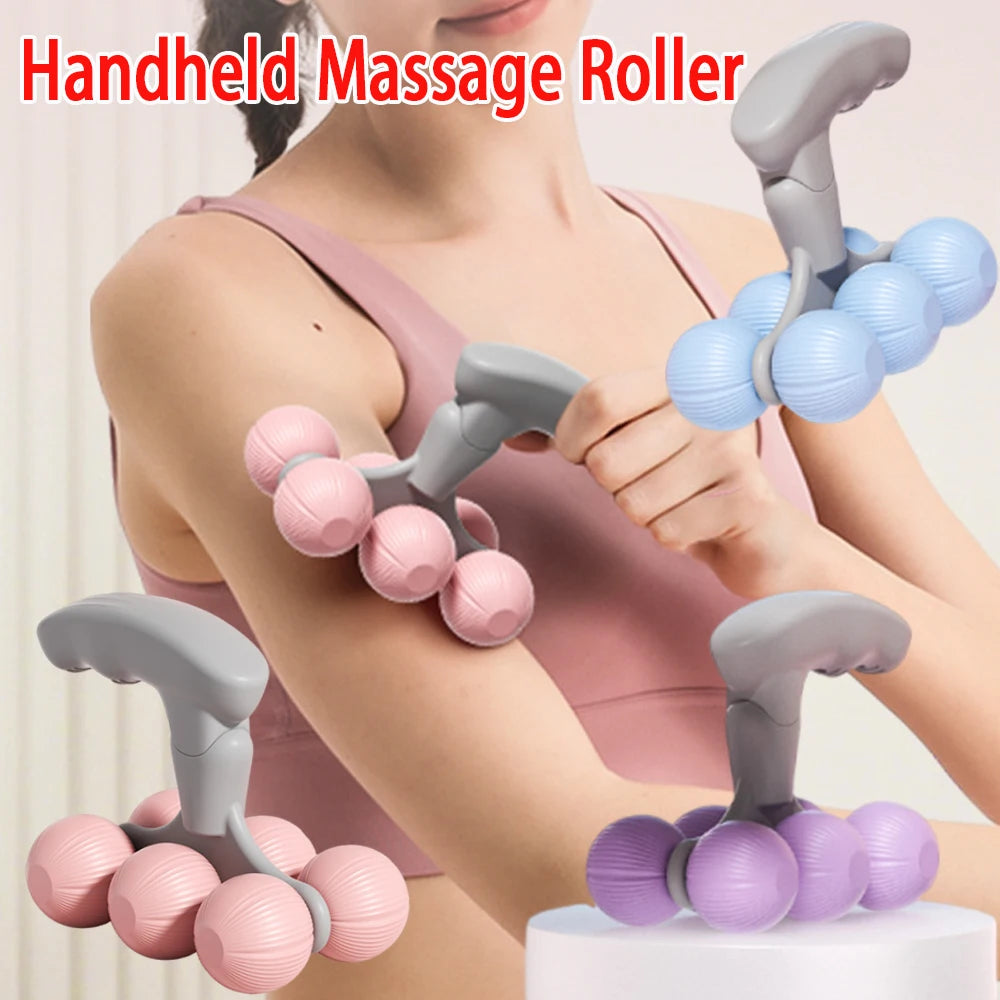 Woman using handheld massage roller on arm, multiple colors shown, fitness recovery tool