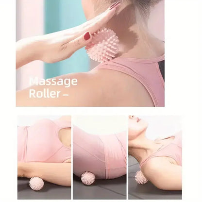 Woman using a spiky massage roller ball on neck and back for muscle relief and relaxation.