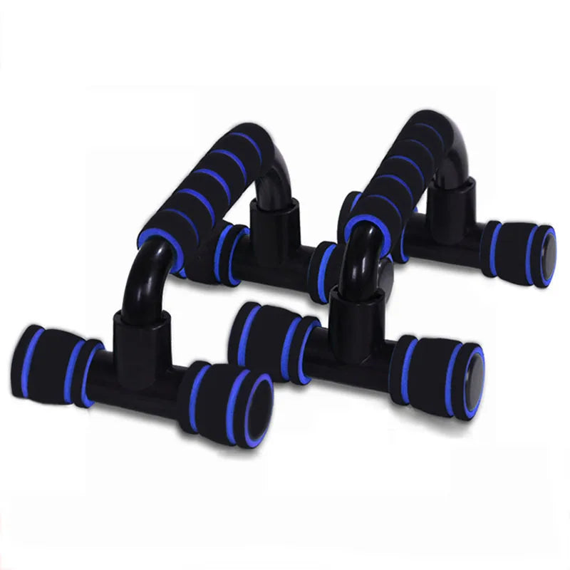 Pair of black push-up bars with blue foam grips for home fitness workouts