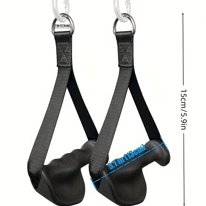 Pair of black grip handle workout straps with measurements for strength training