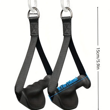 Pair of black grip handle workout straps with measurements for strength training