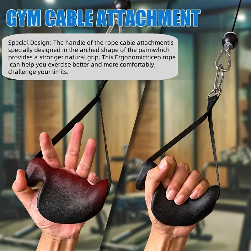 Ergonomic gym cable attachment with black handle grips held by hands in fitness center.
