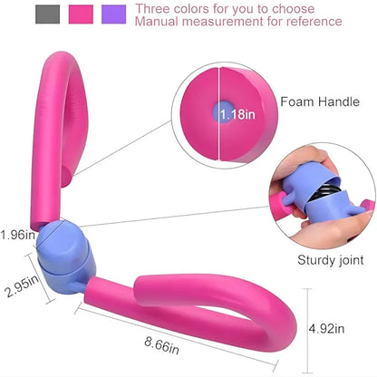 Pink thigh toner fitness equipment with foam handle, sturdy joint, and size measurements.