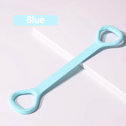 Blue silicone back scrubber with textured handles on a white surface