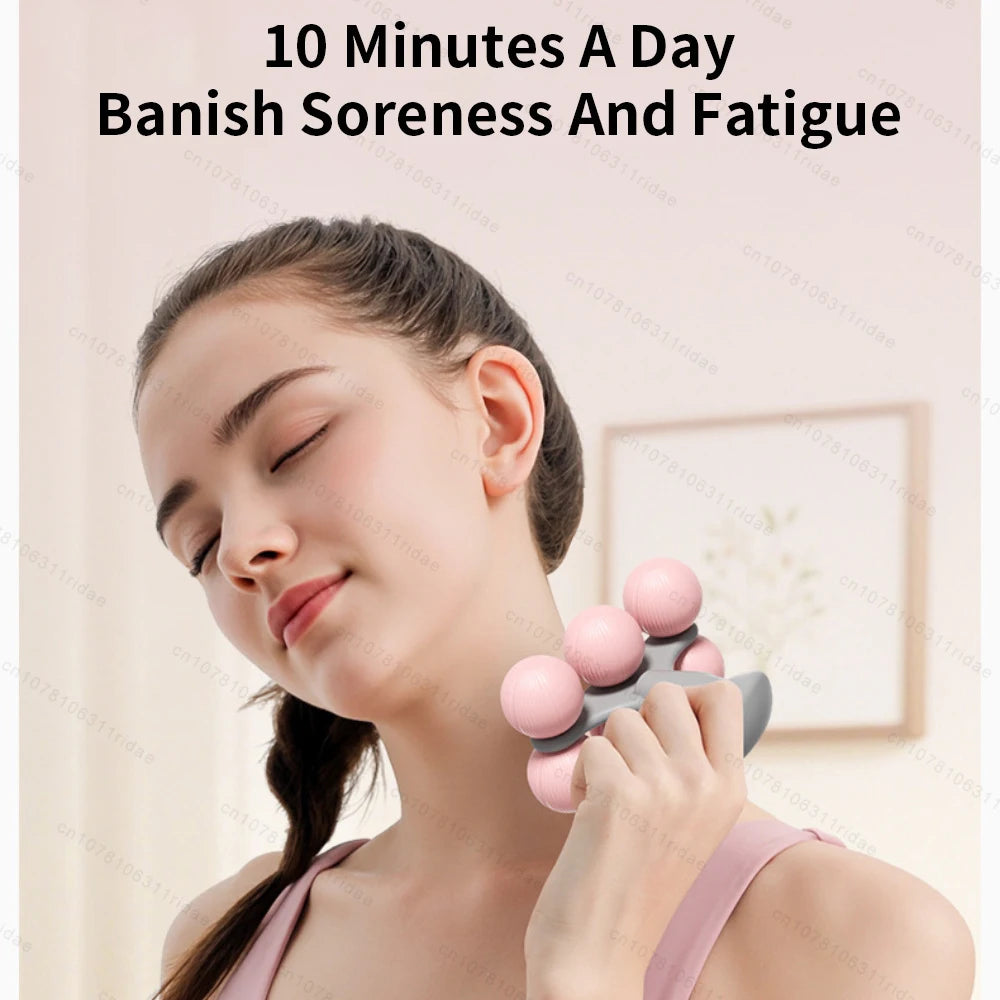 Woman using a pink handheld neck massager for muscle relaxation and fatigue relief