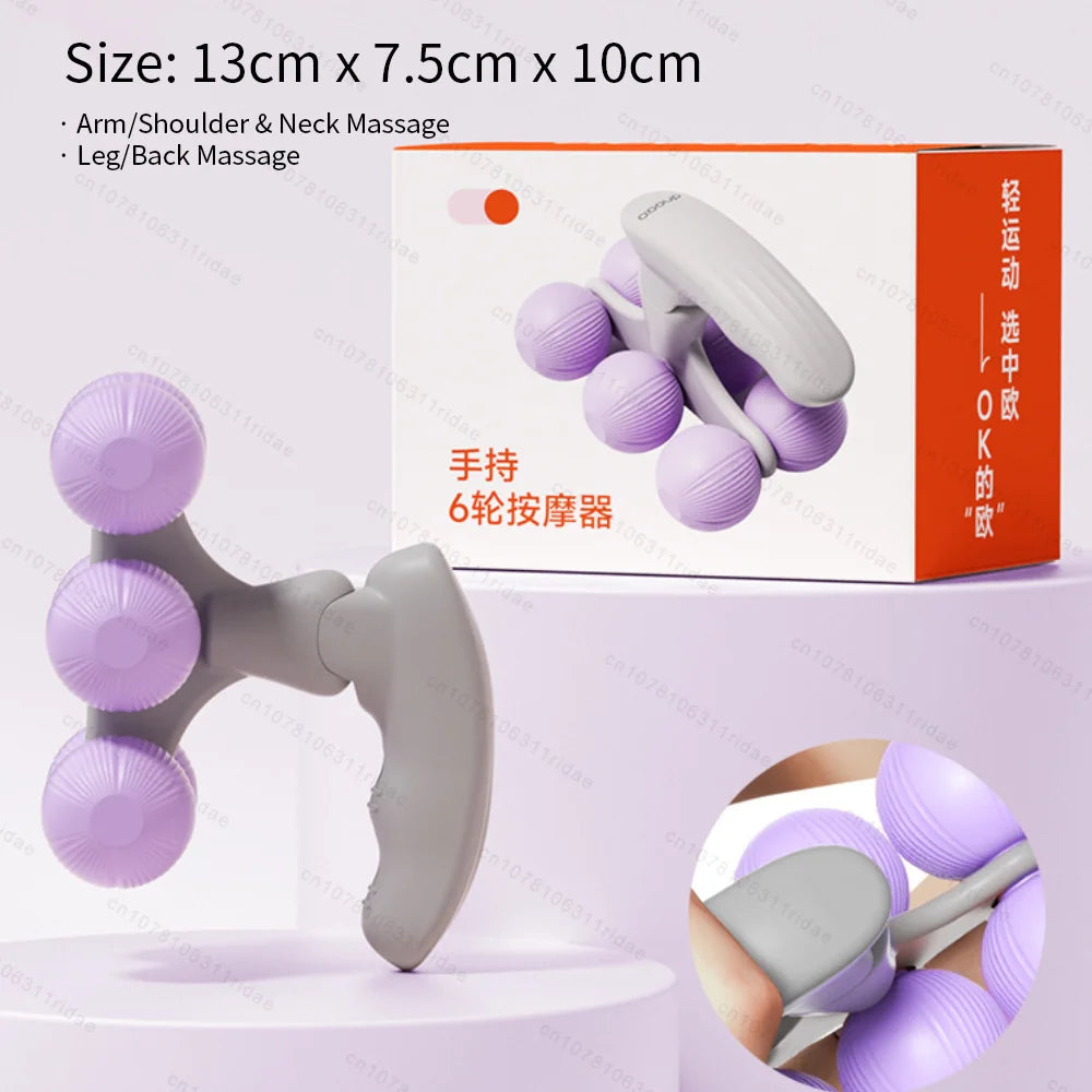 Handheld 6-wheel massage roller tool with purple wheels for arm, shoulder, neck, leg, and back relief