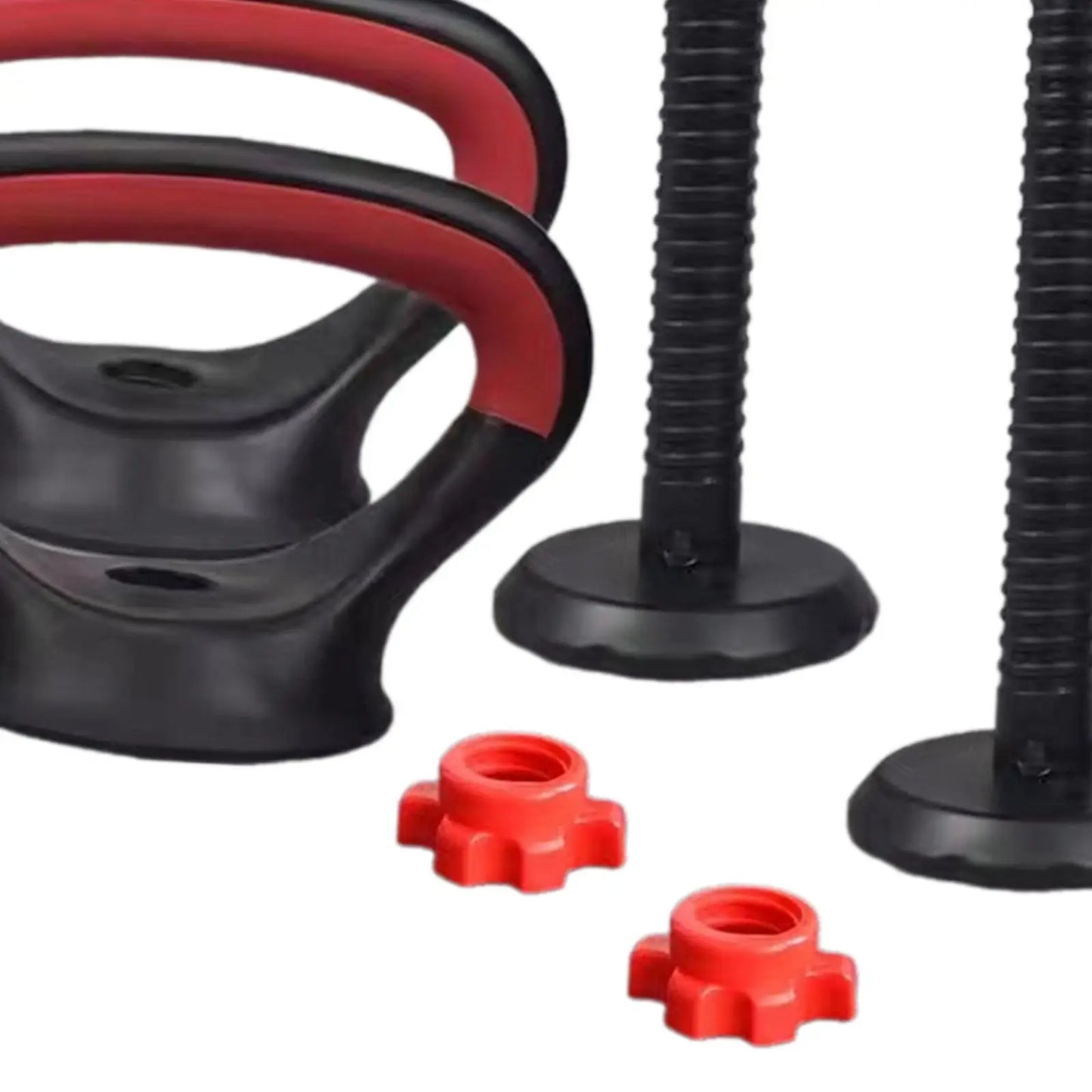 Push up bars and adjustable dumbbell handles with red star-shaped collars, fitness equipment